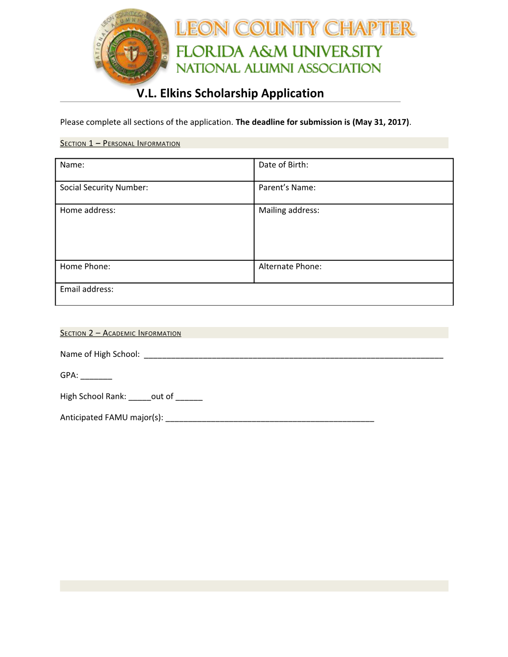 V.L. Elkins Scholarship Application