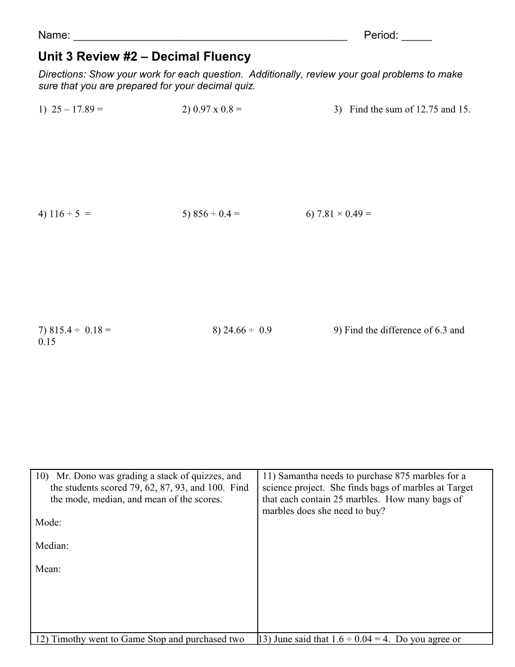 Unit 3 Review #2 Decimal Fluency