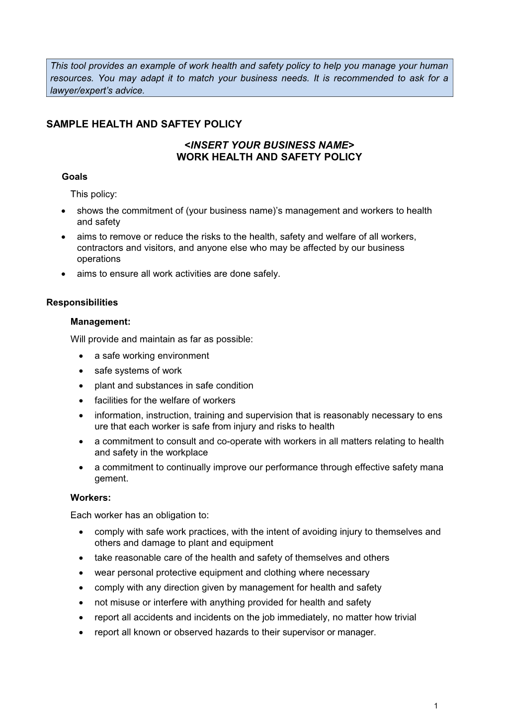 Work Health and Safety Policy - Samples