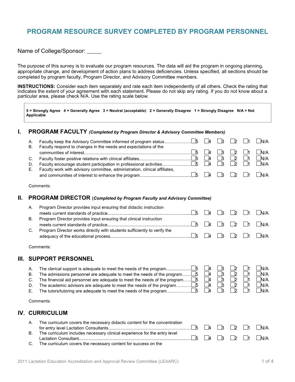 Program Resource Surveycompleted by Program Personnel