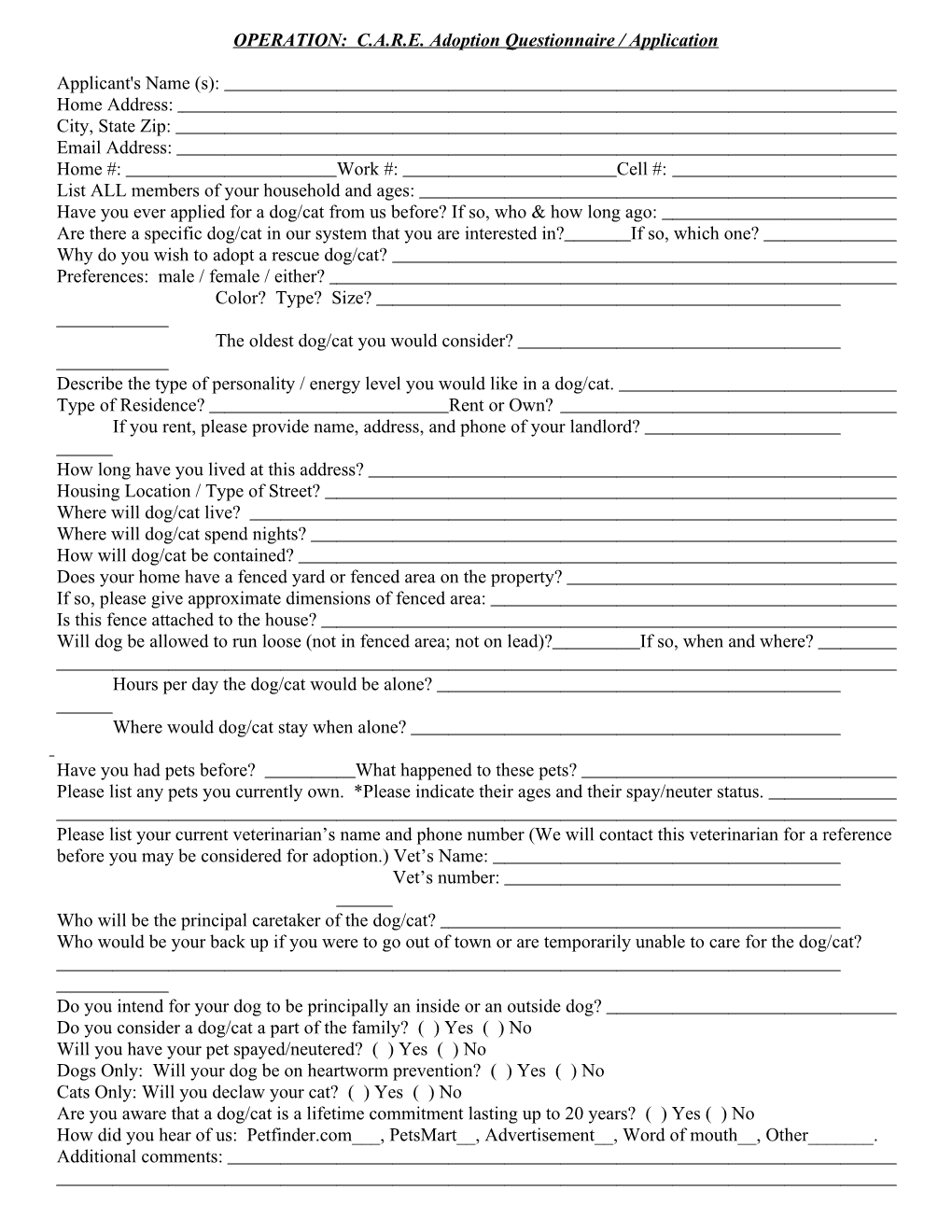 OPERATION: C.A.R.E. Adoption Questionnaire / Application