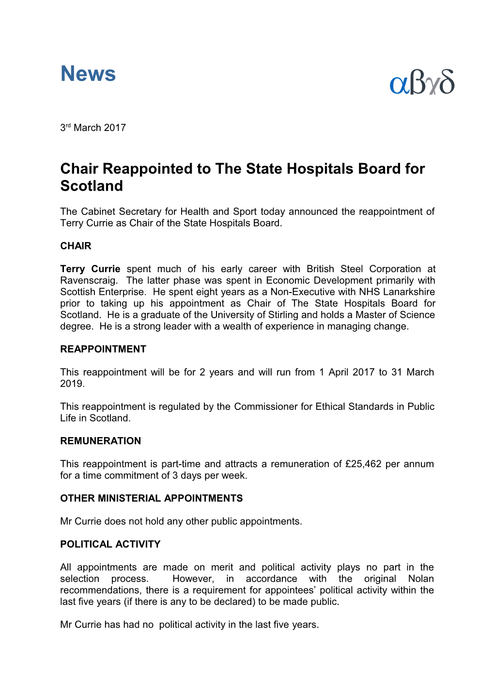 Chair Reappointed to the State Hospitals Board for Scotland