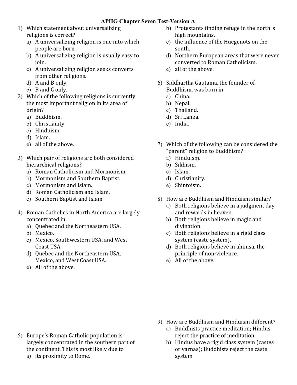 APHG Chapter Seven Test-Version A