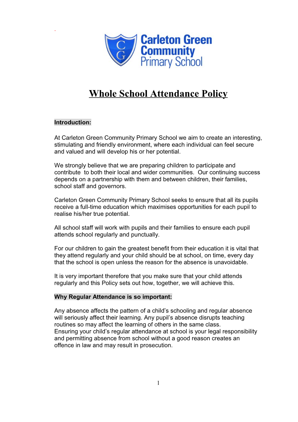Whole School Attendance Policy