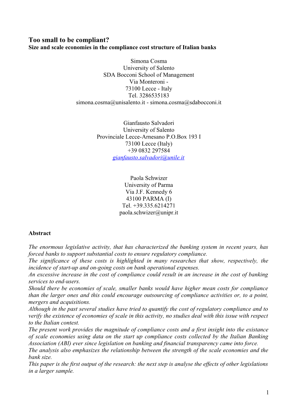 Size and Scale Economies in the Compliance Cost Structure of Italian Banks