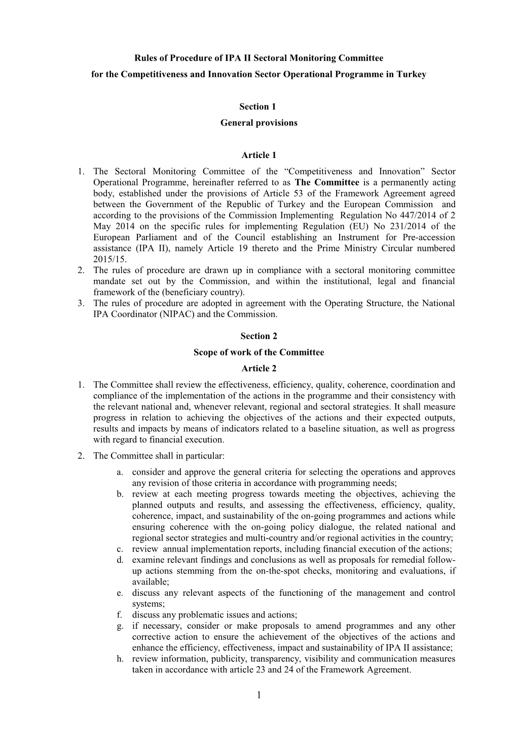 Draft Rules of Procedure of the IPA Sectoral Monitoring Committee for Regional Competitiveness