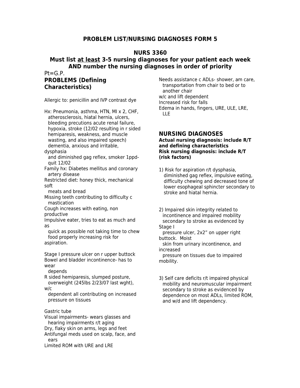 Problem List/Nursing Diagnoses Form 5
