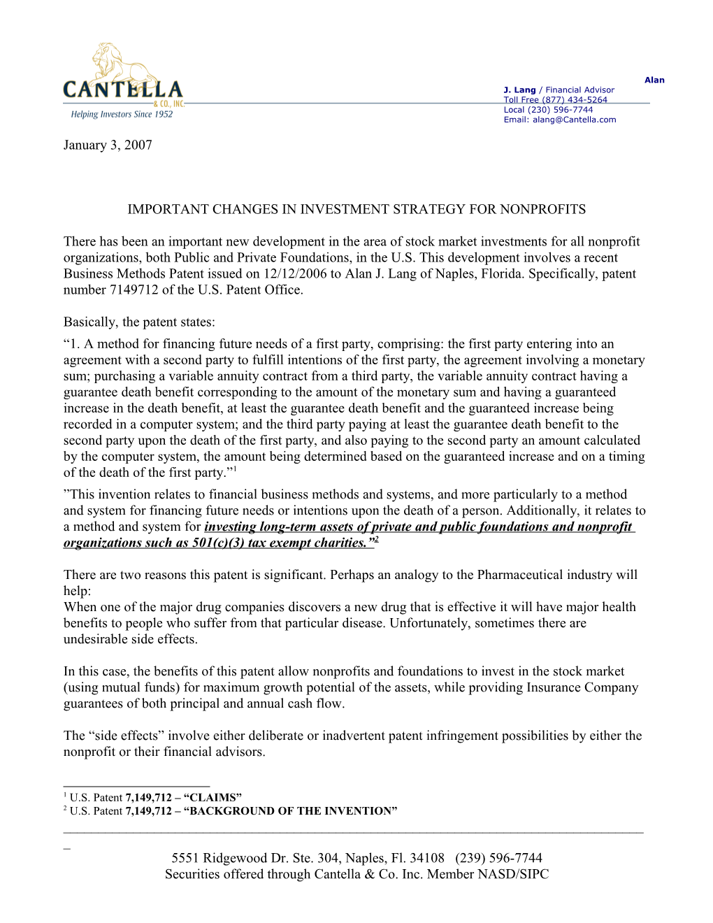 Letter from Alan Lang Warning Practitioners and Taxpayers About His CRT Patent - Jan. 3, 2007