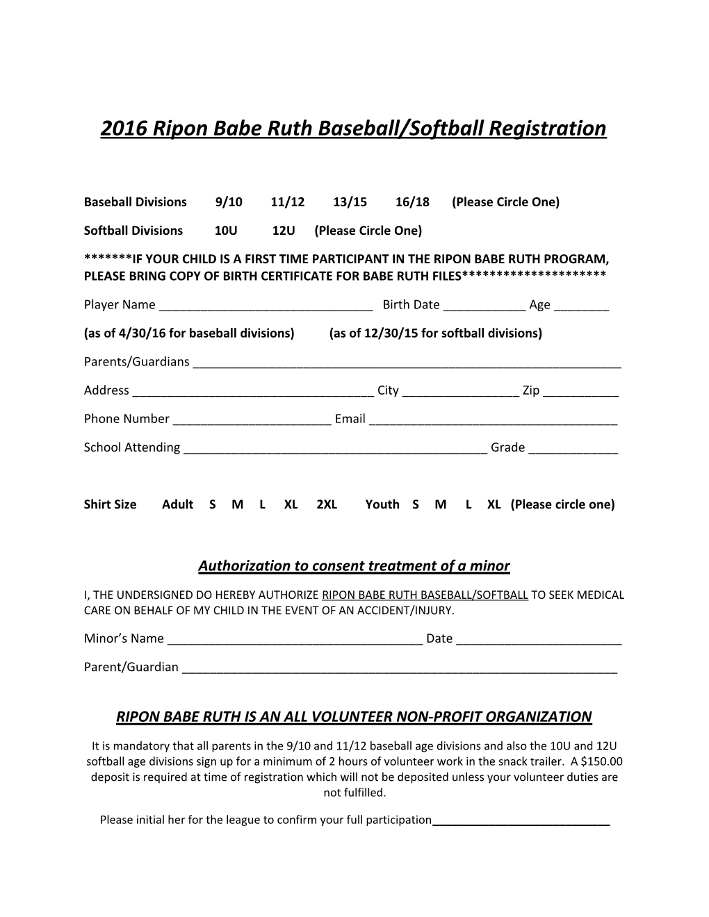 2016 Ripon Babe Ruth Baseball/Softball Registration