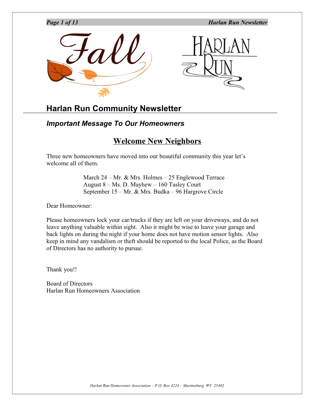 Page 1 of 11 Harlan Run Newsletter