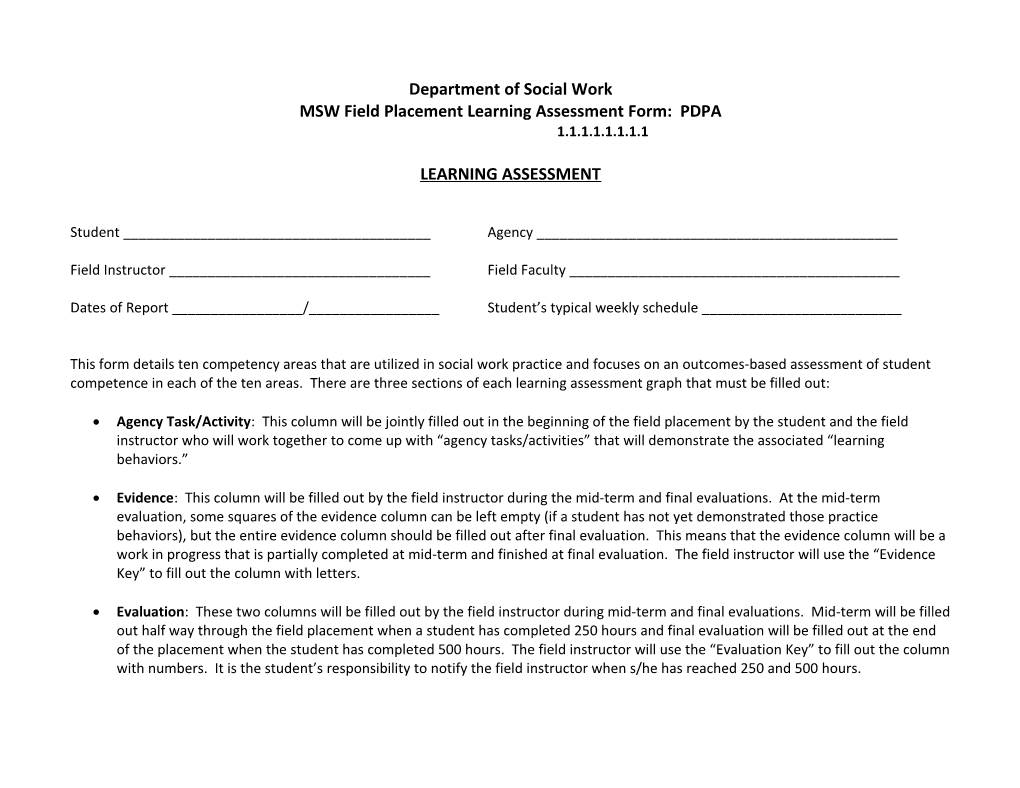 MSW Field Placement Learning Assessment Form: PDPA