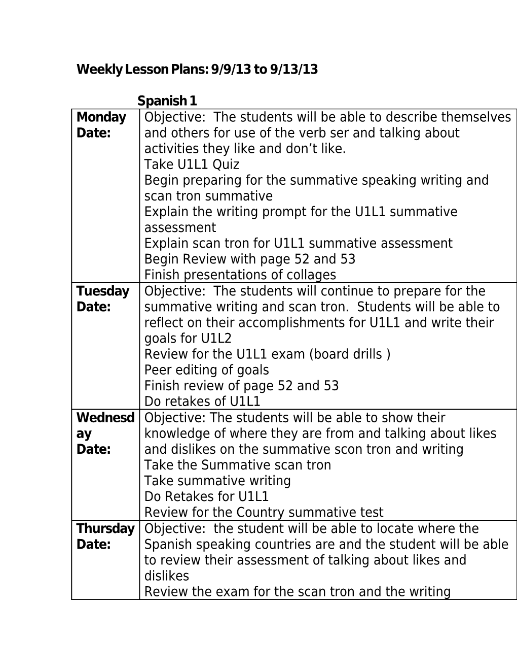 Weekly Lesson Plans: 9/9/13 to 9/13/13