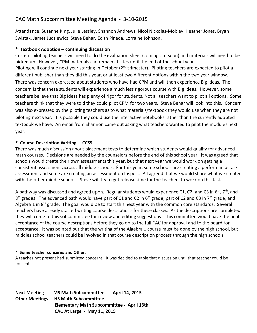 CAC Math Subcommittee Meeting Agenda - 3-10-2015