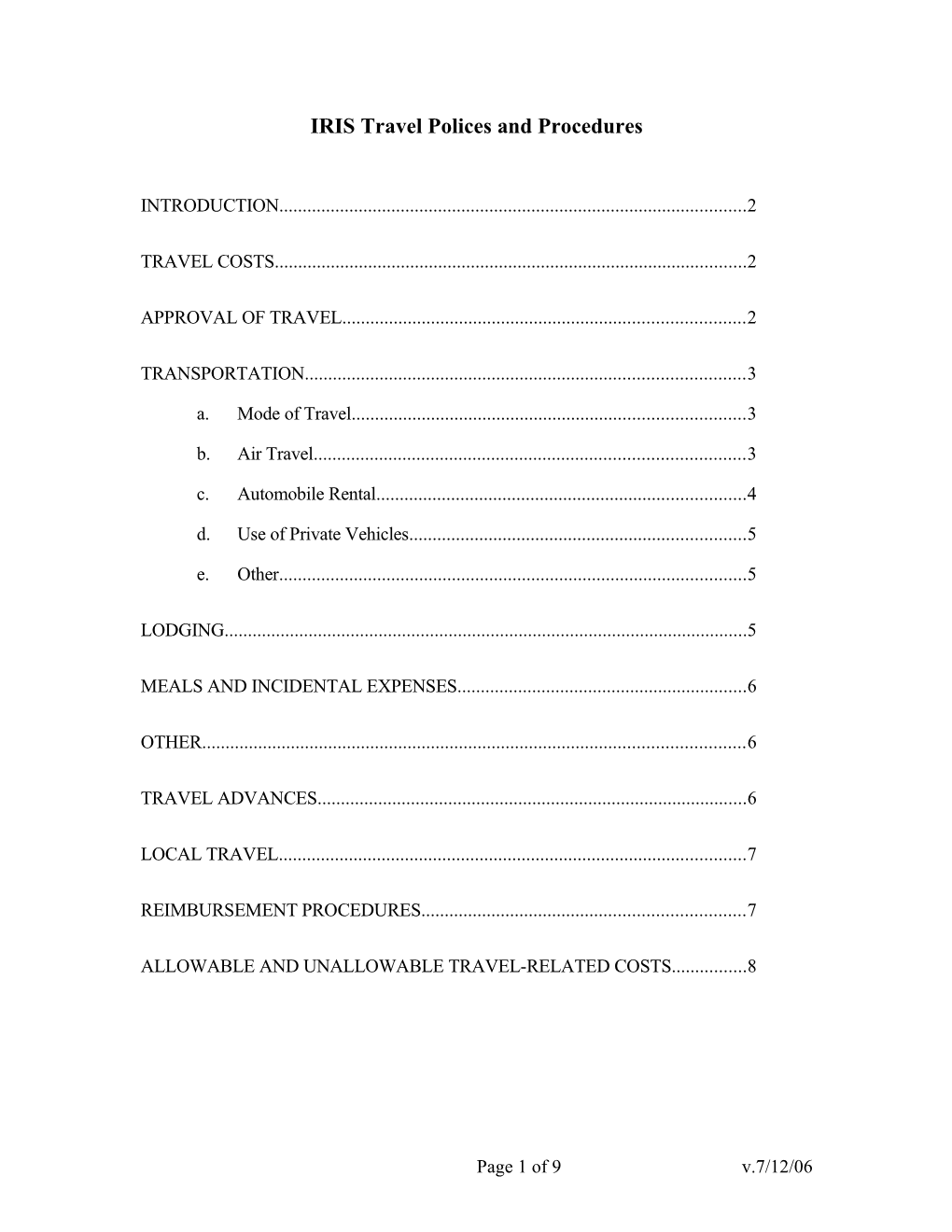 IRIS Travel Policies and Procedures