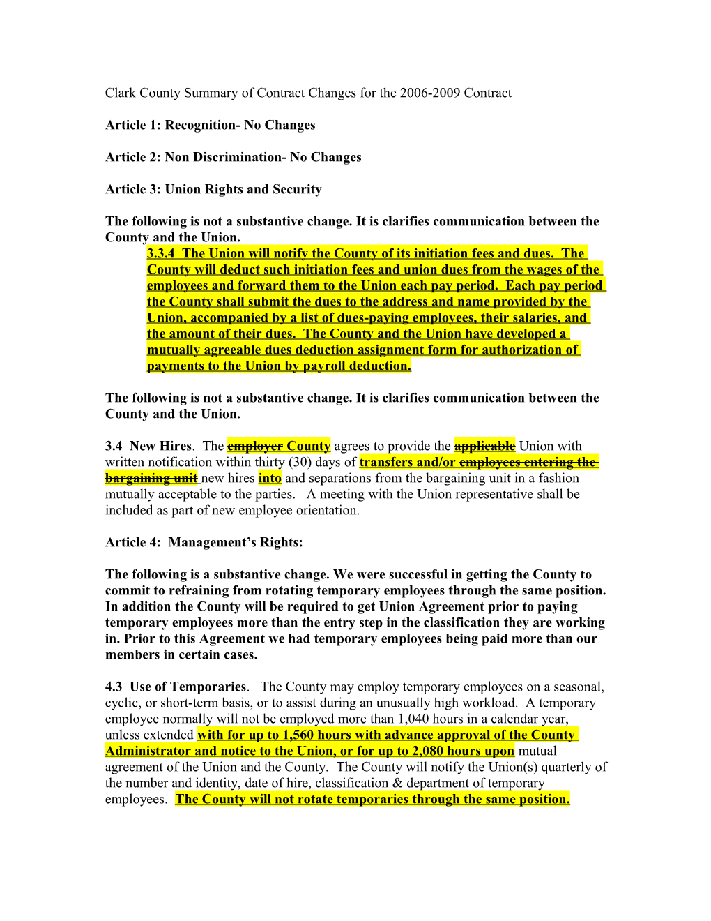 Clark County Summary of Contract Changes for the 2006-2009 Contract