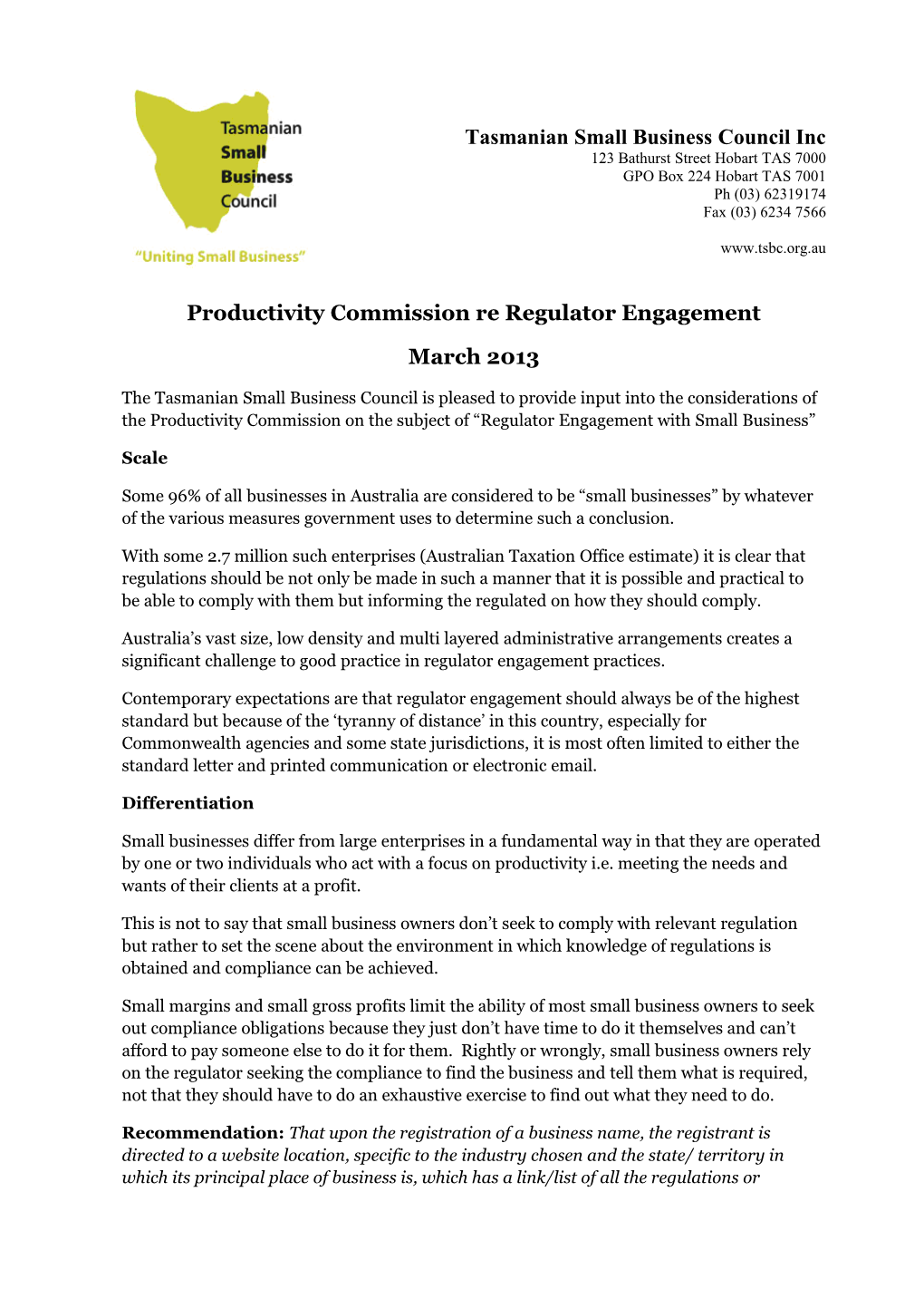 Submission 13 - Tasmanian Small Business Council - Regulator Engagement with Small Business