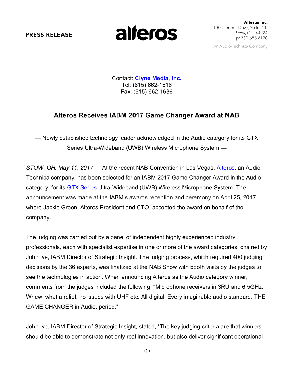 Alterosreceives IABM 2017 Game Changer Award at NAB