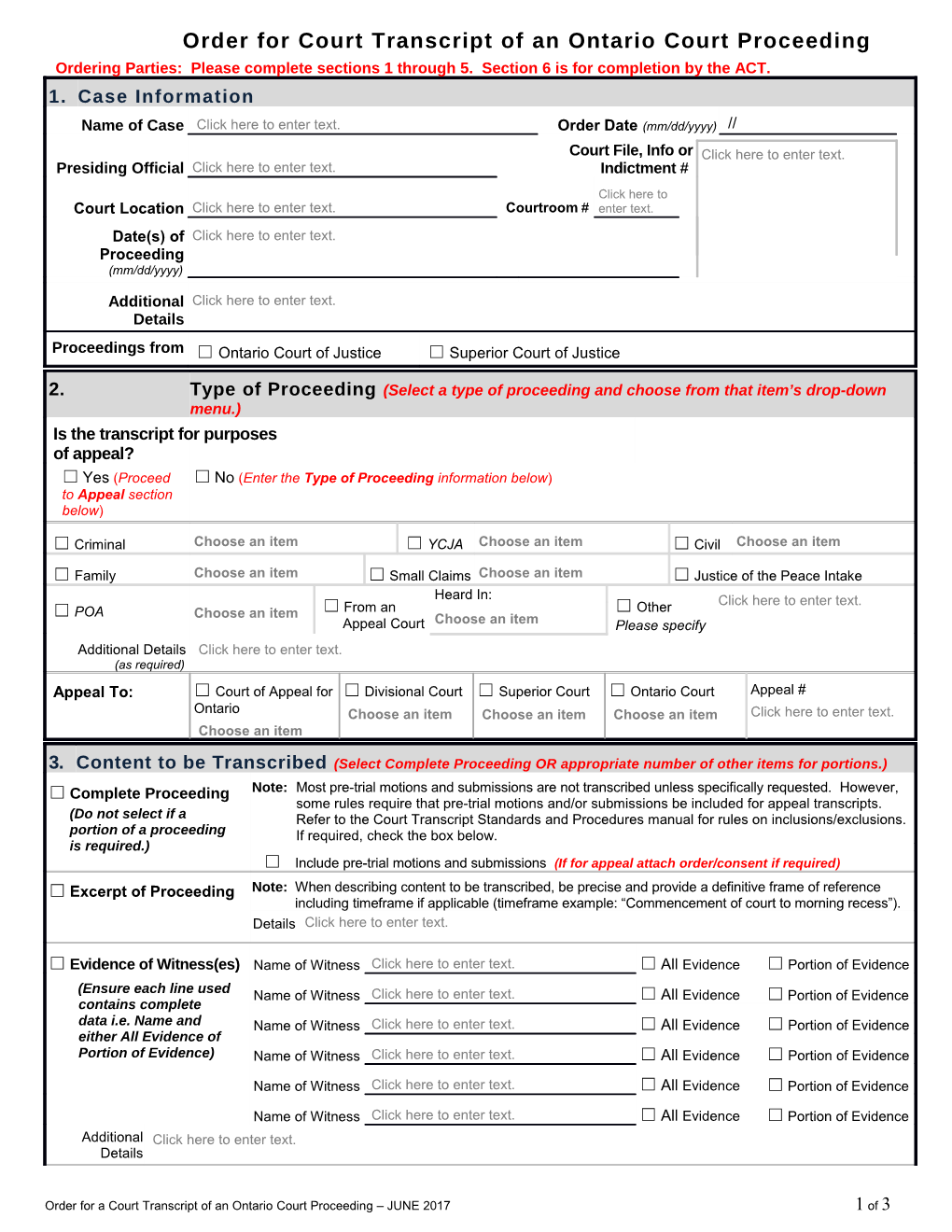 Order for a Court Transcript of an Ontario Court Proceeding JUNE 2017 1 of 2