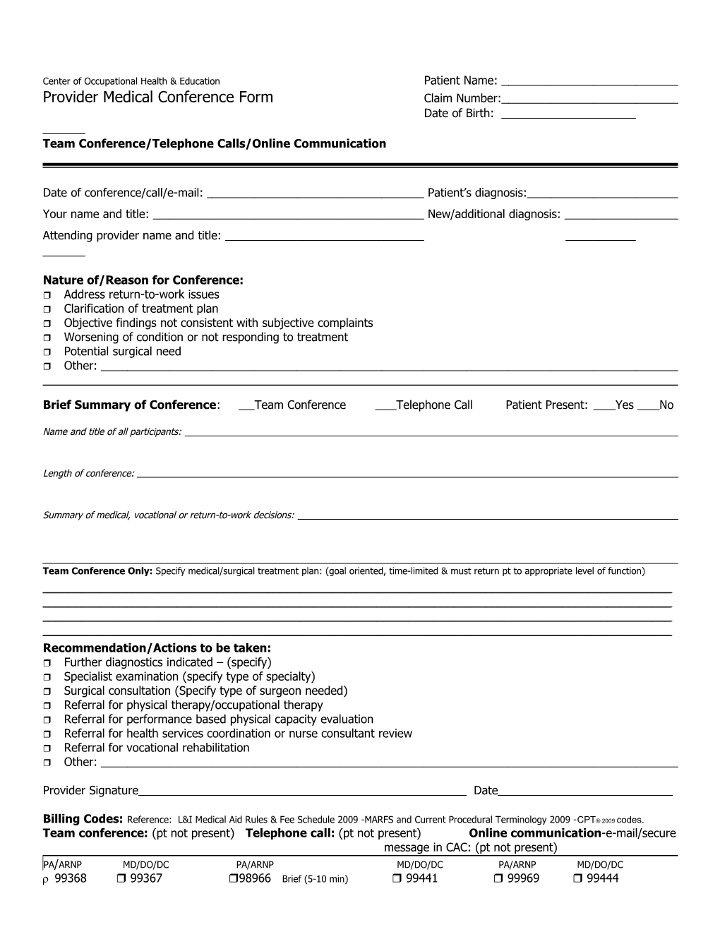 Occupational Health Services Physician Referral Form