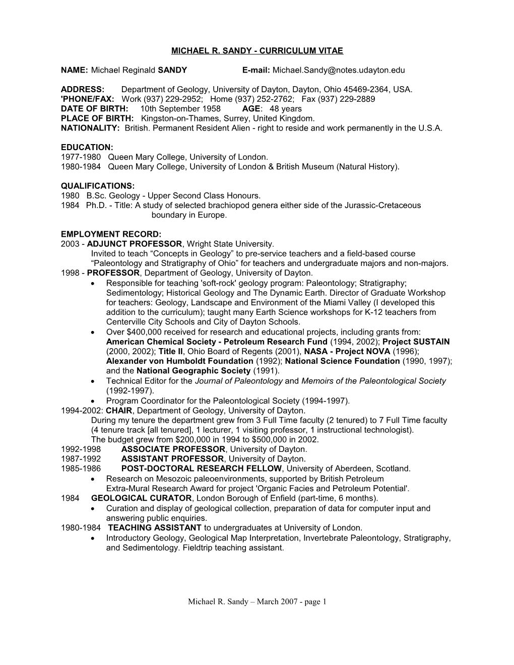 Michael R. Sandy - Curriculum Vitae