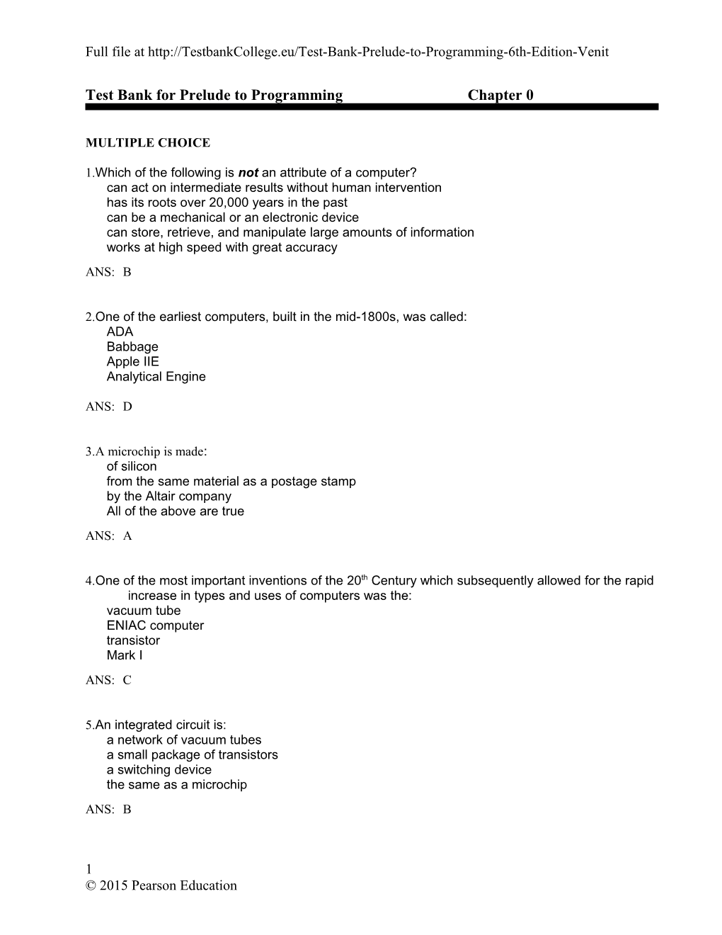 Test Bank for Prelude to Programmingchapter 0