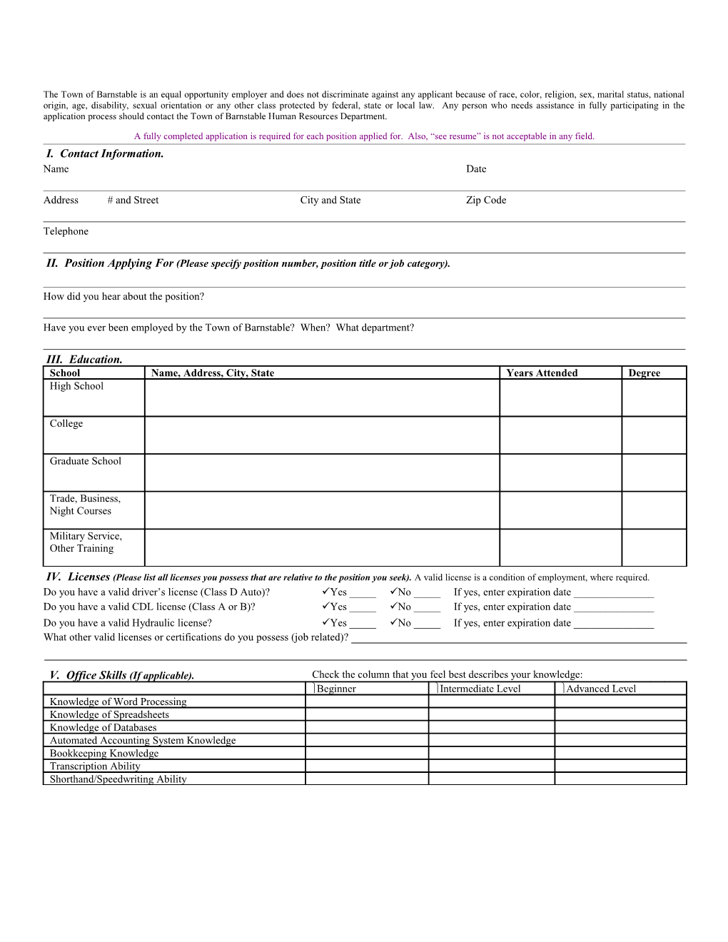 Town of Barnstable Employment Application