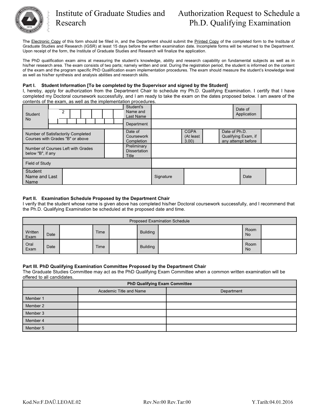 Authorization Request to Schedule a Ph.D. Qualifying Examination