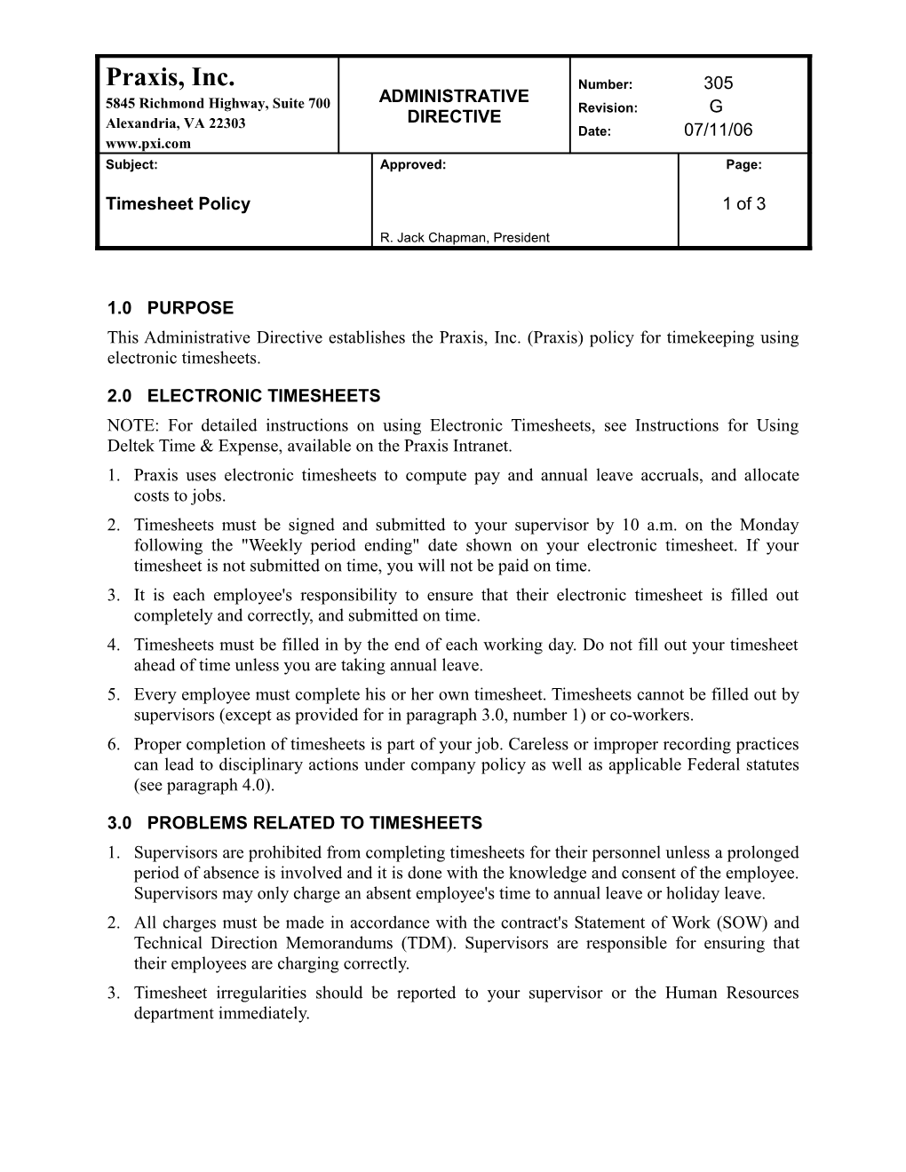 2.0 Electronic Timesheets