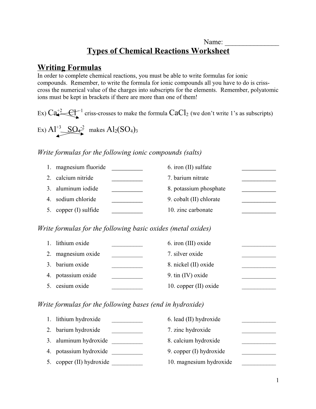 Types of Chemical Reactions Worksheet