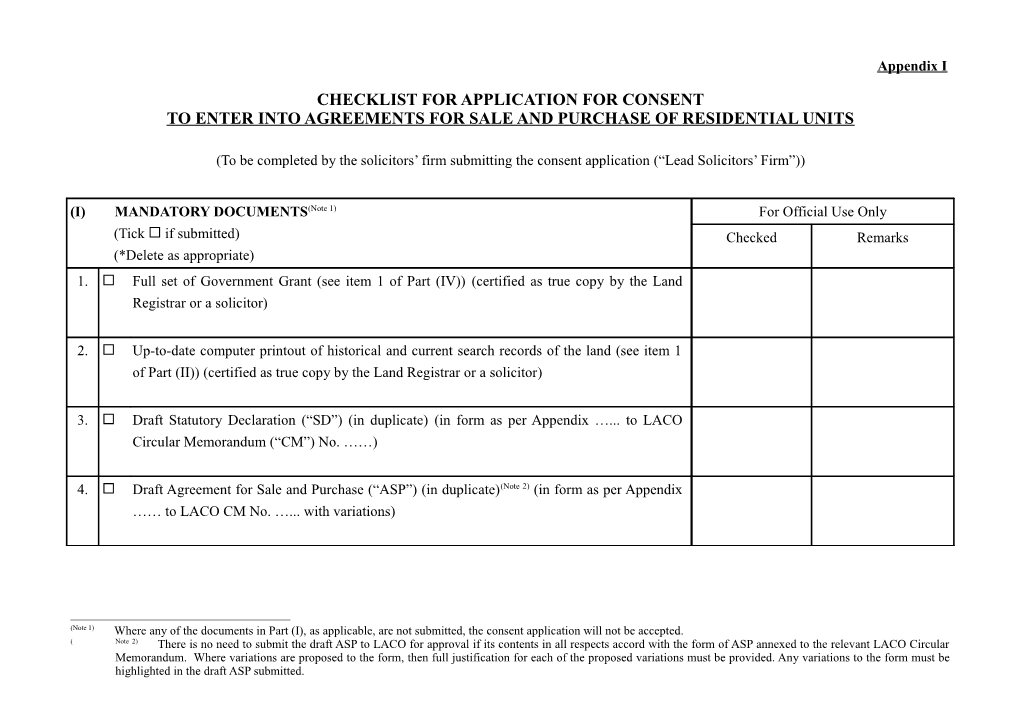 Checklist for Application for Consent