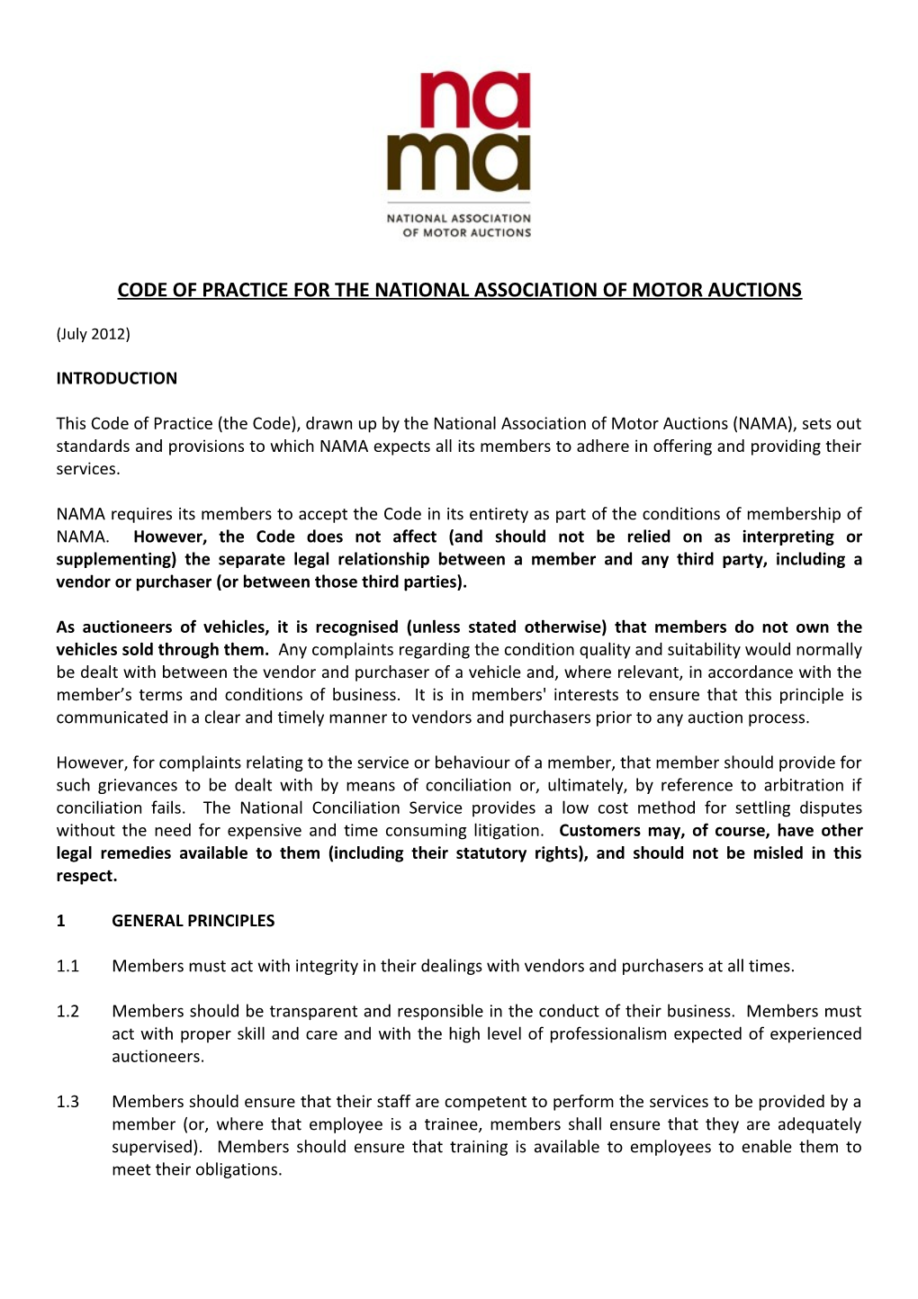 Code of Practice for the National Association of Motor Auctions