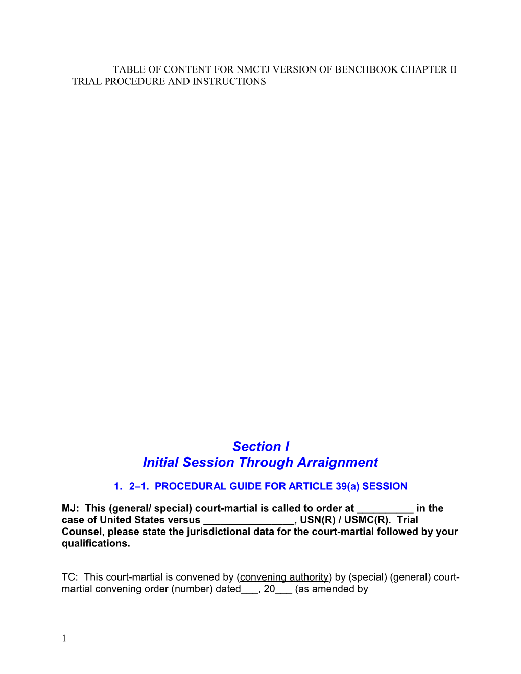 Table of Content for Nmctj Version of Benchbook Chapter Ii Trial Procedure and Instructions