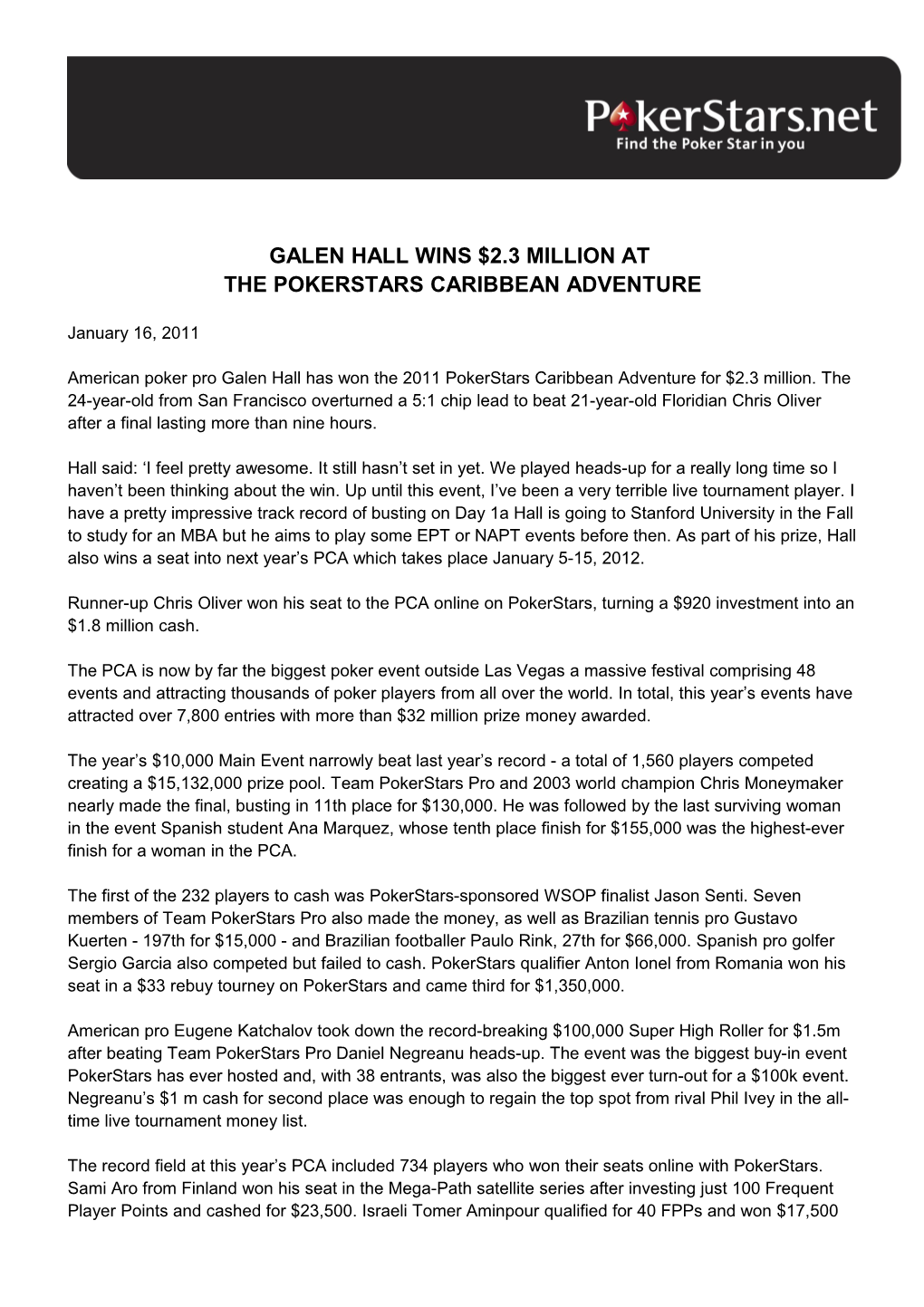 Galen Hall Wins $2.3 Million at the Pokerstars Caribbean Adventure
