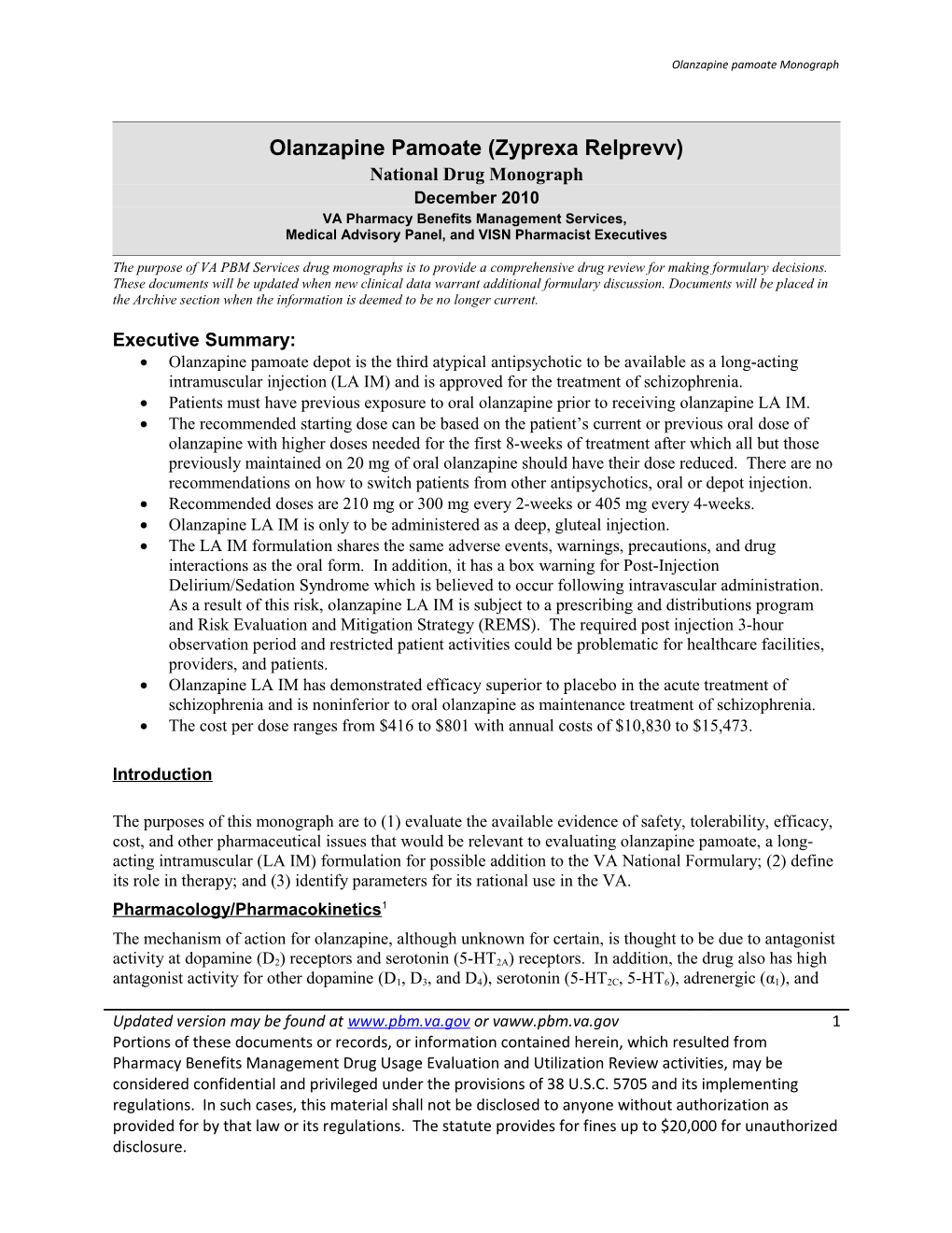 Olanzapine Pamoate Monograph