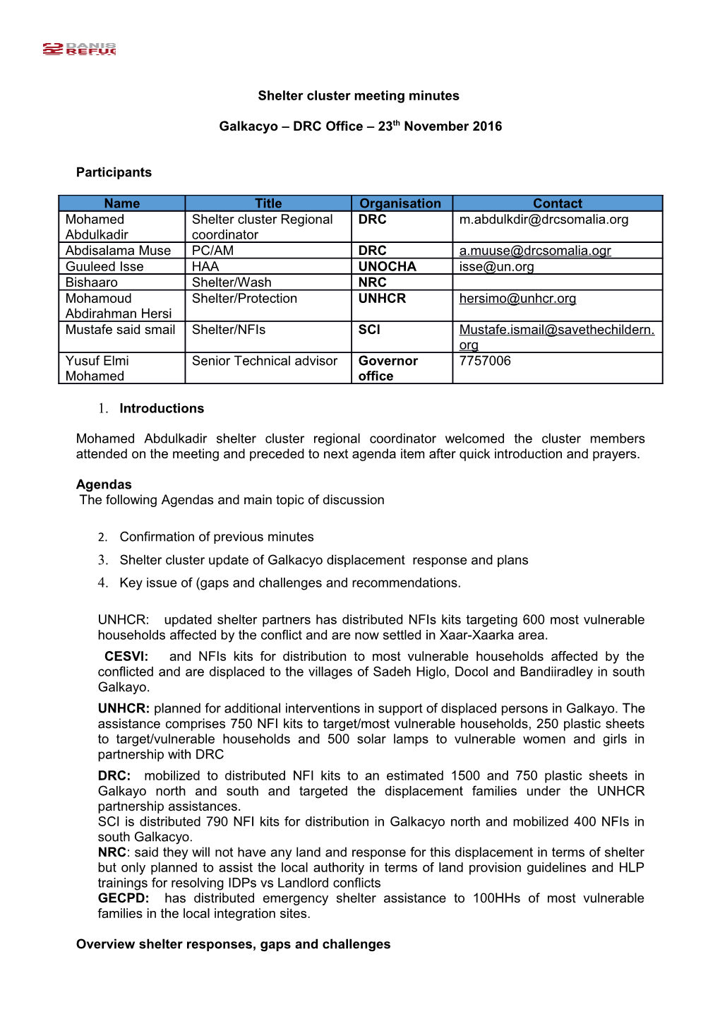 Shelter Cluster Meeting Minutes