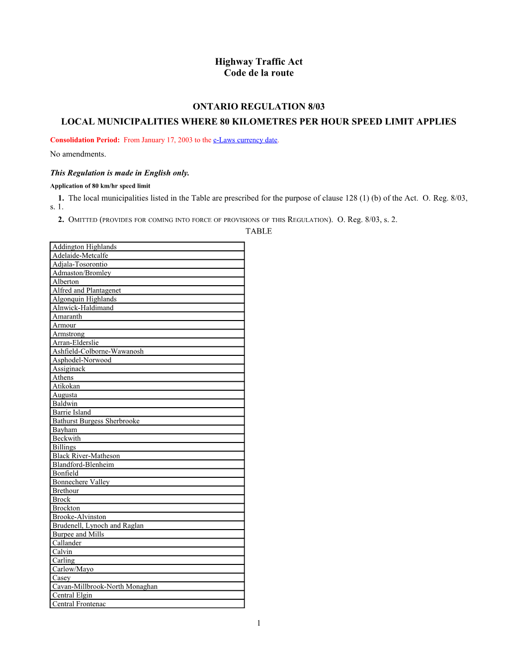 Highway Traffic Act - O. Reg. 8/03