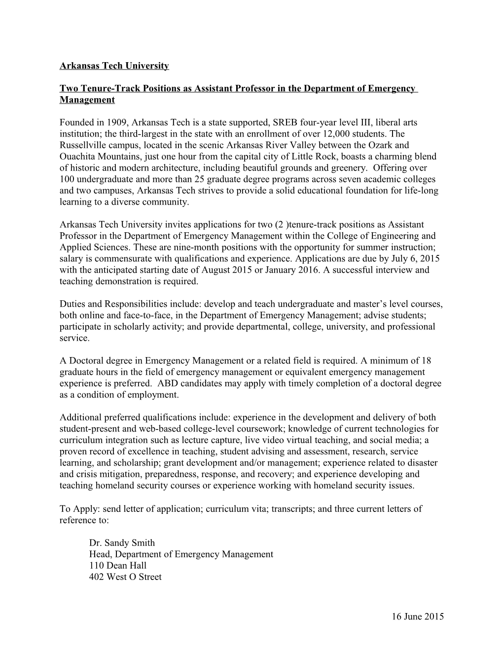 Two Tenure-Track Positions As Assistant Professor in the Department of Emergency Management