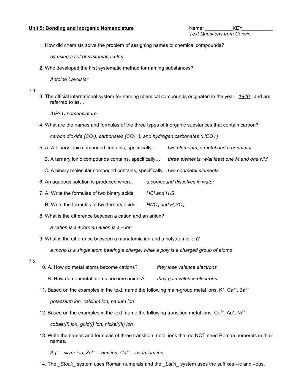 Unit 1: Introduction to Chemistry s1