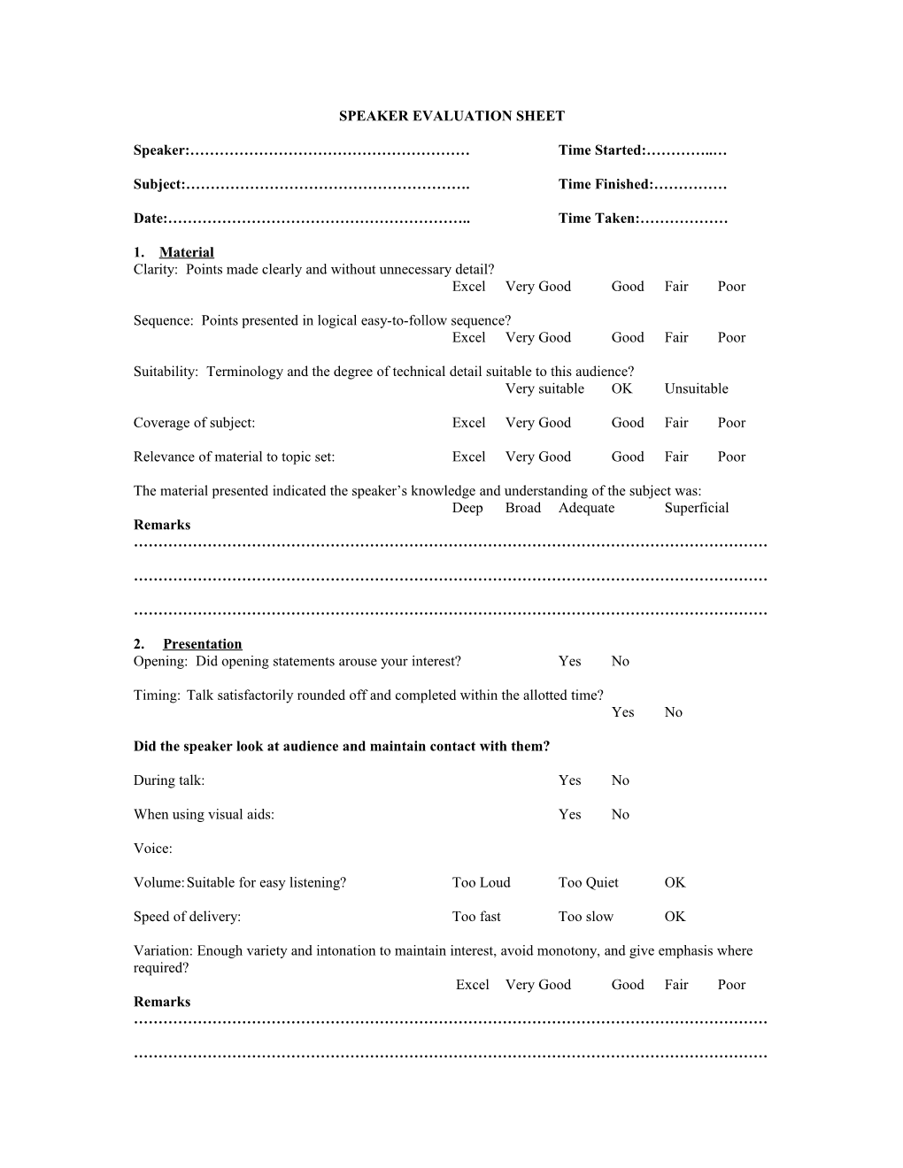 Speaker Evaluation Sheet