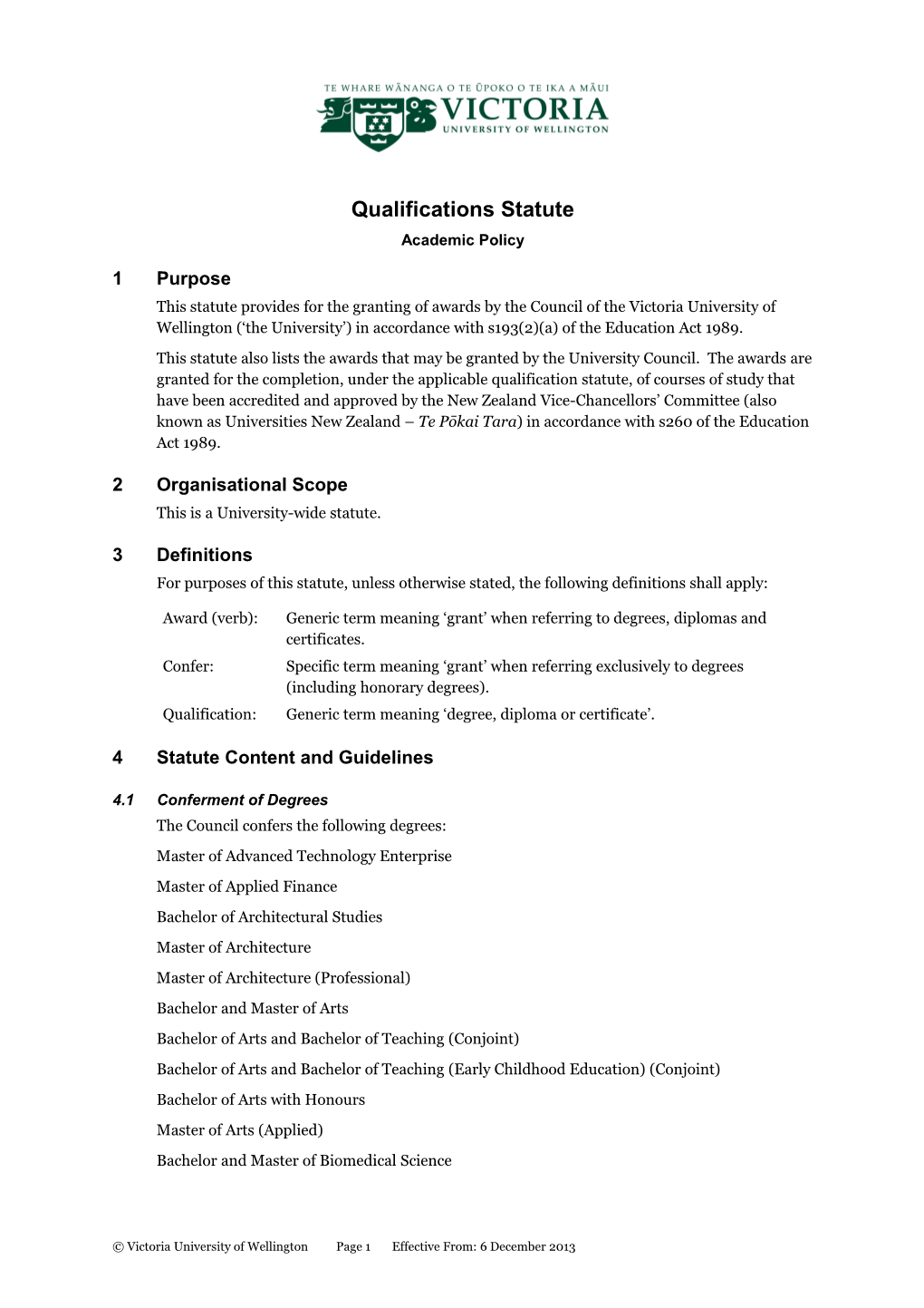 Qualifications Statute Academic Policy