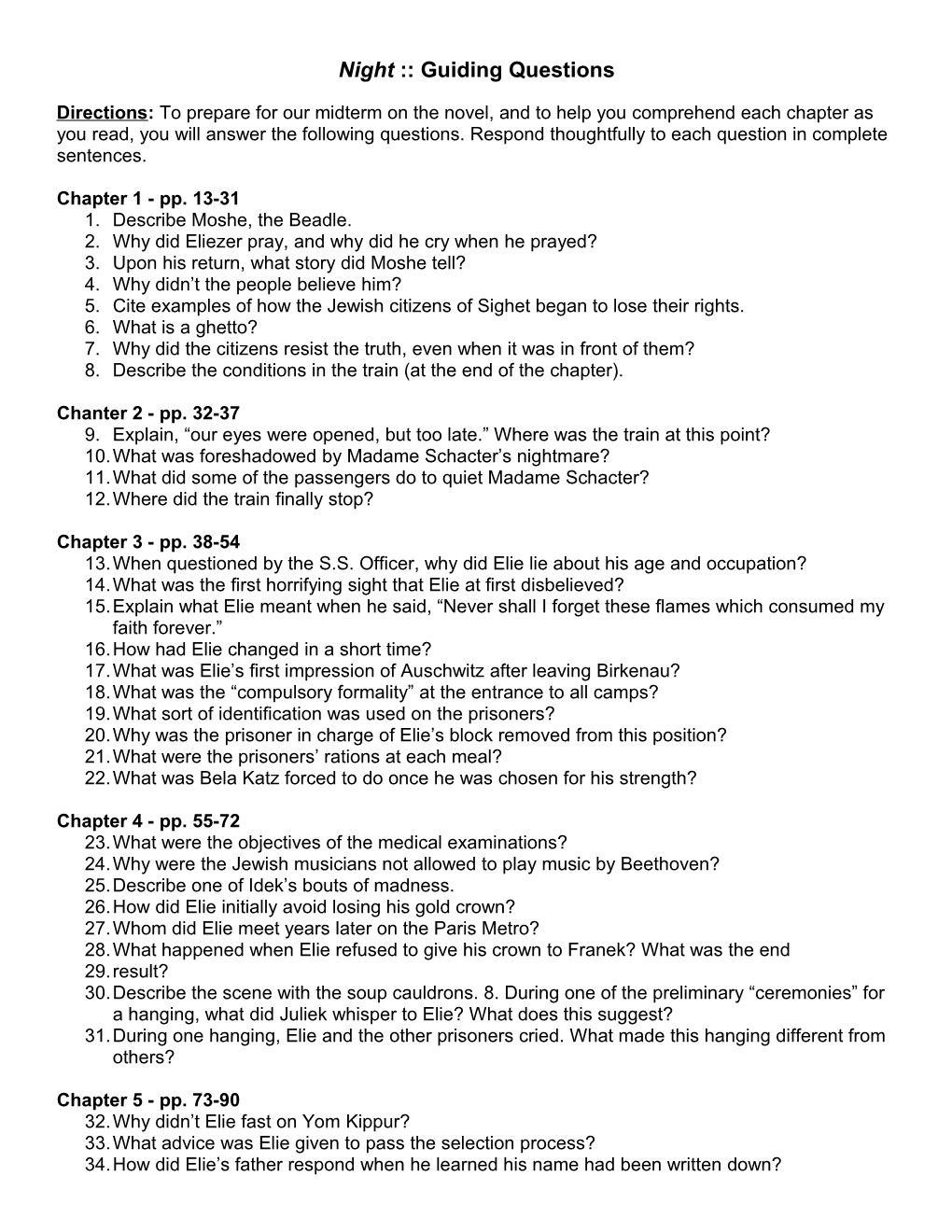 Night Chapter Questions s1