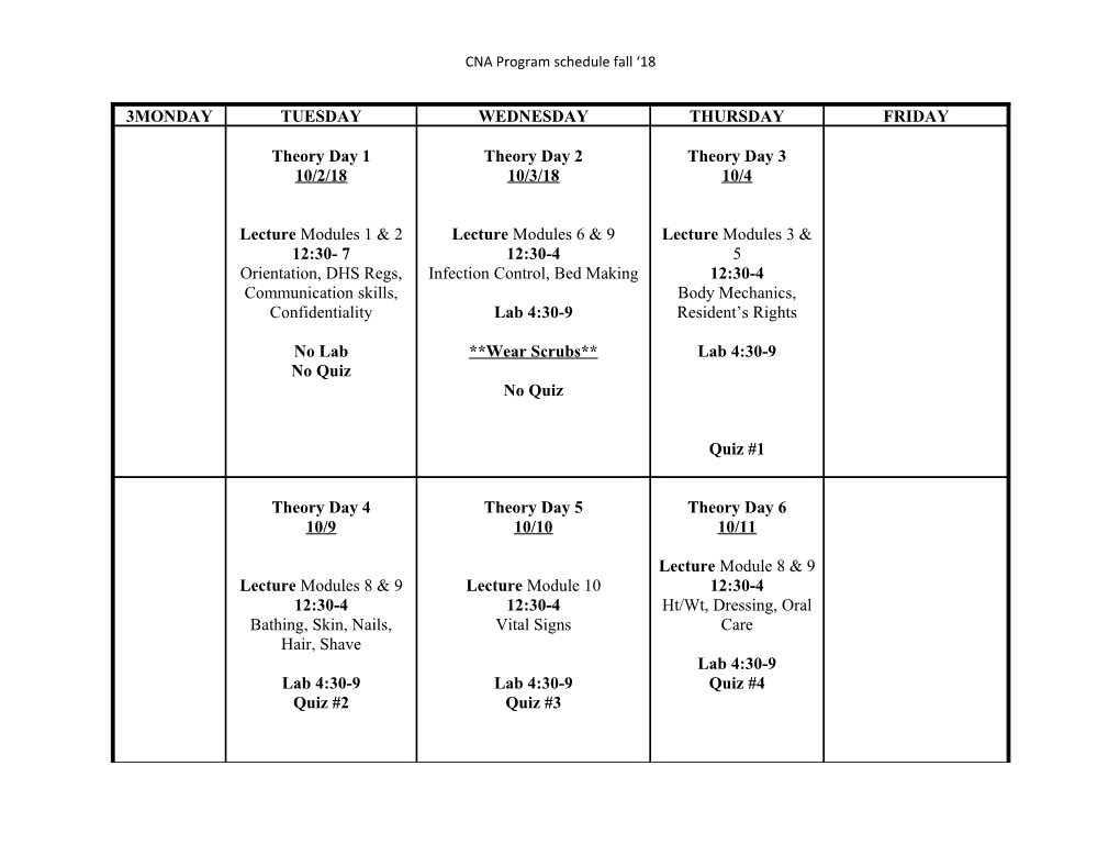 CNA Program Schedule Fall 18