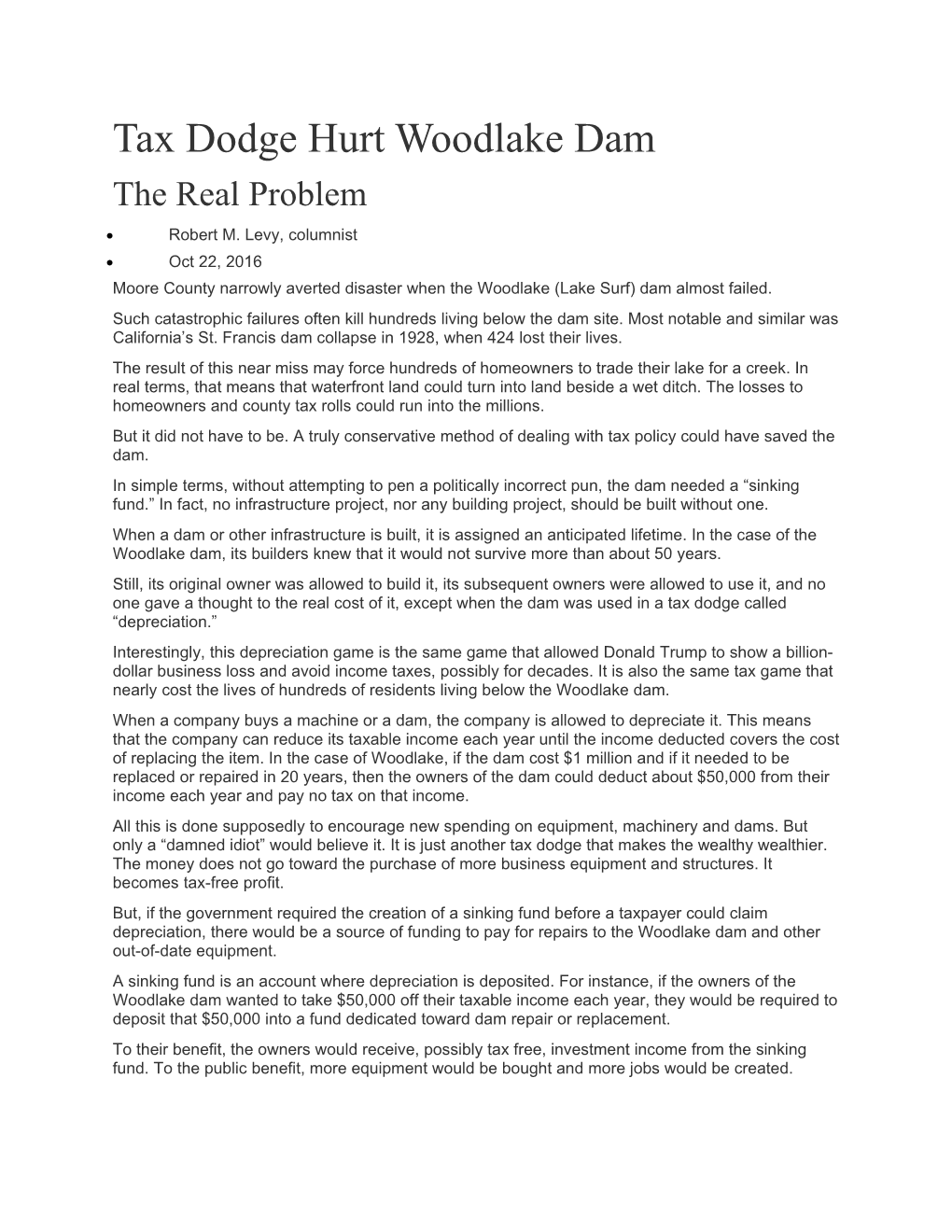 Tax Dodge Hurt Woodlake Dam