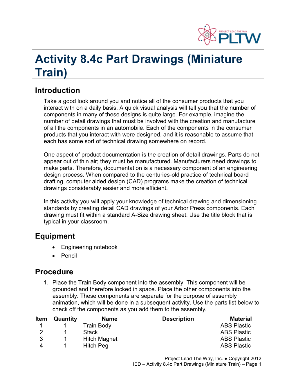 Activity 8.4C Part Drawings (Miniature Train)