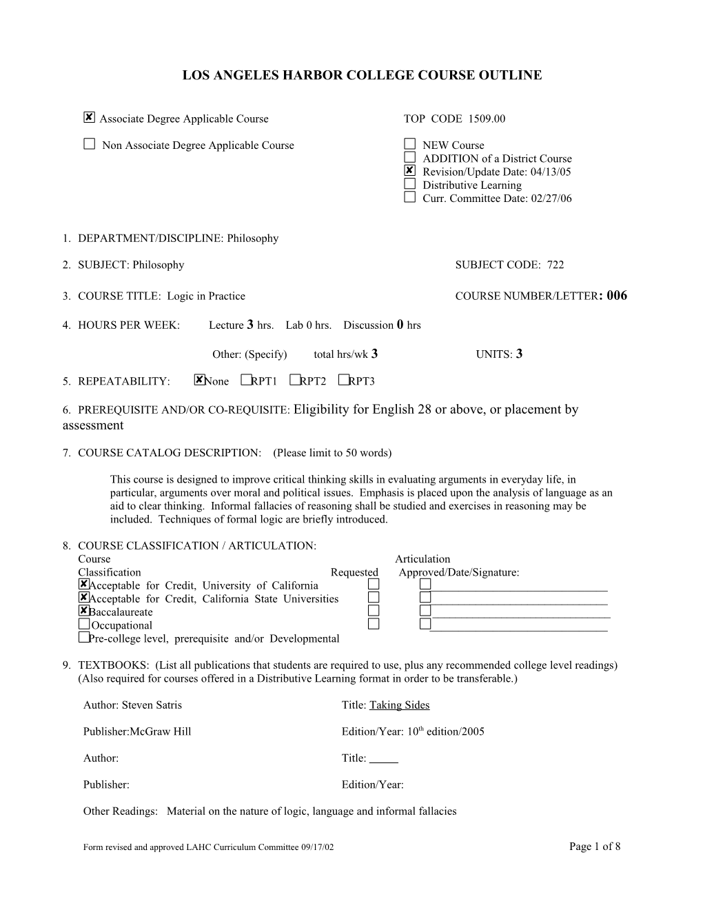 Los Angeles Harbor College Course Outline s6