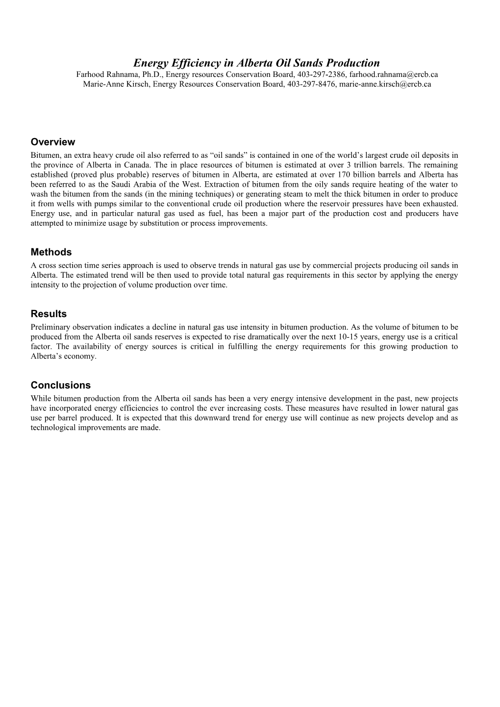 Energy Efficiency in Alberta Oil Sands Production