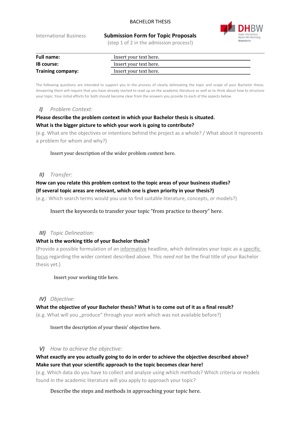 International Business Submission Form for Topic Proposals