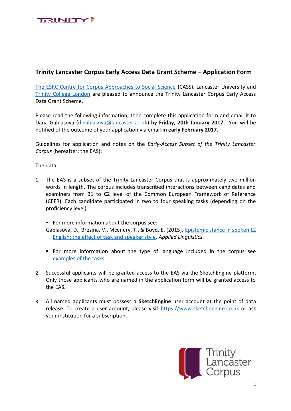 Trinity Lancaster Corpus Early Access Data Grant Scheme Application Form