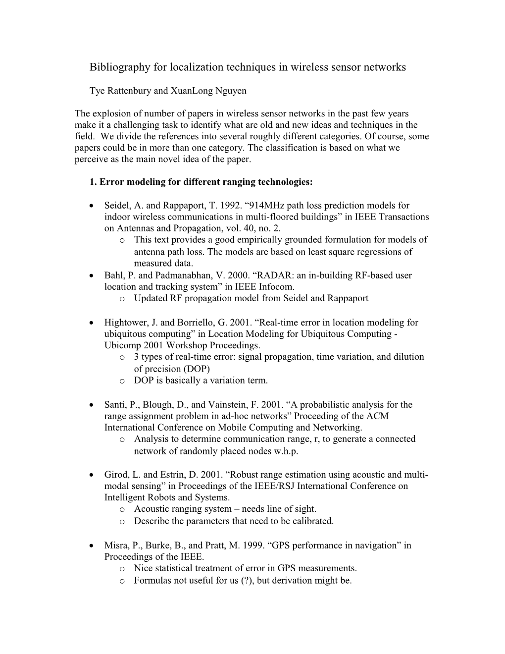 Bibliography for Localization Techniques in Wireless Sensor Networks