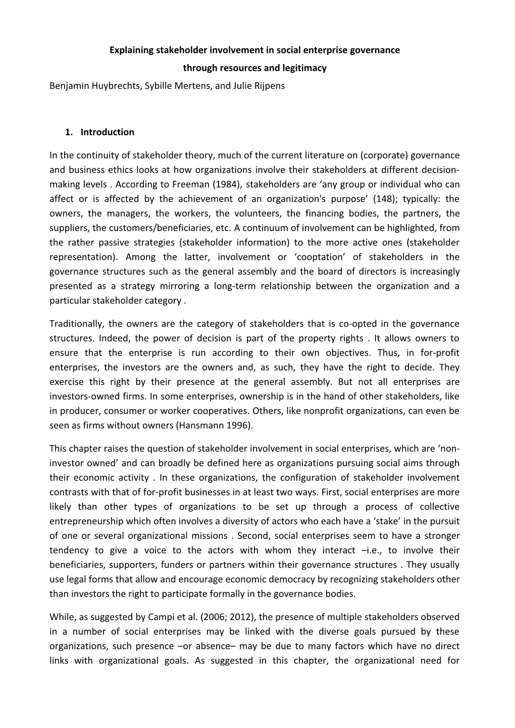 Explaining Stakeholder Involvement in Social Enterprise Governance